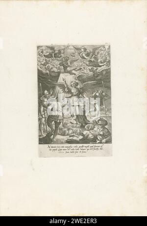 Proclamation aux bergers, Johann Sadeler (I), d'après Maerten de vos, 1579 print un ange est au milieu d'un groupe de bergers avec leur troupeau de moutons. Il proclame la naissance du Christ. Au-dessus de sa tête, dans les nuages, des anges avec des rouleaux de banderole sur lesquels un texte latin. L'impression a une citation latine de la Bible comme légende et est la quatrième impression d'une série de douze parties sur la naissance et les premières années de Christ. Gravure sur papier de Cologne annonçant la naissance du Christ aux bergers (et/ou aux bergers) la nuit ; une foule d'anges chantant dans les airs Banque D'Images