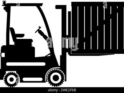 Silhouette de chariot élévateur de roue avec icône de conteneur en bois dans le style plat. Illustration de Vecteur