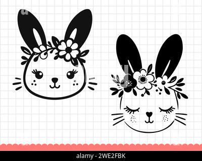 Visage de lapin lapin avec des fleurs en contour noir et blanc. Illustration de Vecteur