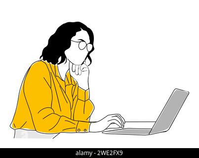 Femme d'affaires assise, travaillant sur le vecteur d'ordinateur portable. Illustration de Vecteur