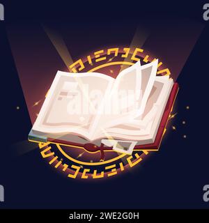 Orthographe livre cast. Livre de sorcellerie magique ouvert avec icône de jeu de pages déchirées pour l'interface graphique du menu, grimoire coloré fantastique avec sort magique étincelant. Vecteur Illustration de Vecteur