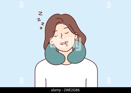 La femme dort en utilisant un oreiller de cou tout en voyageant et éprouve le confort grâce au coussin de voyage. Fille endormie avec les yeux fermés et bave, avec oreiller pour soutenir le cou pour le repos sédentaire Illustration de Vecteur