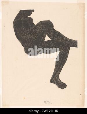 Etude anatomique des muscles des jambes et des bras d'un homme à Silhouette, Reijer Stolk, 1906 - 1945 imprimer Homme assis, reposant sur son genou gauche avec son ciel d'aile droite. Les muscles sont numérotés de 1 à 35. Pays-Bas papier japonais (papier fait main) modèle anatomique des muscles, muscle-man, 'Ã©corchÃ©' Banque D'Images