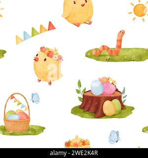 Charmant motif d'aquarelle, style de bande dessinée, des éléments sur le thème de Pâques comme des poussins, des paniers d'œufs, des guirlandes, des papillons, de la verdure, et une souche d'arbre avec Banque D'Images