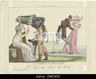 Le bon ton suprême, caricatures parisiennes, 1800-1815, no.16 : les en-têtes invisibles., Anonyme, 1800-1815 caricature sur les grands chapeaux à baldaquin qui étaient à la mode autour de 1800-1815. Deux couples habillés à la mode, où la tête de l'homme «disparaît» dans le chapeau de la femme. Sur le troisième plan deux femmes avec les mêmes chapeaux. Tirage à partir d'une série de 30 imprimés de mode, le Suprême bon ton, Paris, 1800-1815. Imprimeur : Francepublisher : Paris gravure papier assiettes mode. Casque (CAPOTE) (+ vêtements pour femmes). Casque (BONNET POKE) (+ vêtements pour femmes). robe, robe (+ vêtements pour femmes). gants, mitaines ( Banque D'Images