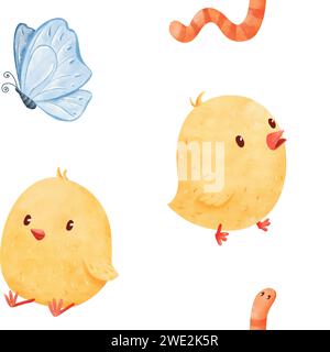 motif sans couture adorables poussins, un ver curieux, et un papillon flottant. printemps, l'aquarelle est pour les illustrations pour enfants. pour divers Banque D'Images