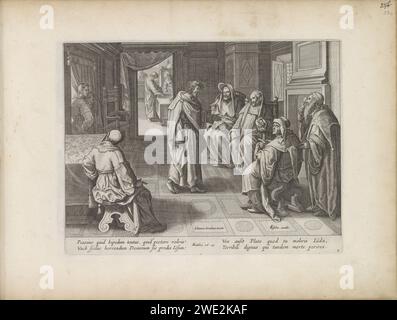 Judas Iskariot chez les grands prêtres, 1643 imprimer Judas Iskariot représente les grands prêtres assis et négocie avec eux ce qu'il obtiendra s'il leur fournit Christ. Trente pièces d'argent lui sont payées en arrière-plan. Sous le spectacle une référence en latin au texte de la Bible dans Matt 26:14. En bas à droite, la lettre : a. ce tirage fait partie d'un album. Amsterdam gravure sur papier Judas sort aux principaux prêtres, trahit Christ et reçoit la récompense (Matthieu 26:14-16, Marc 14:10-11, Luc 22:4-6) Banque D'Images