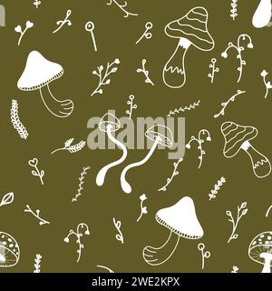 Modèle d'automne et d'été sans couture avec des champignons et des feuilles Illustration de Vecteur