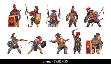 Guerriers gladiateurs de dessins animés. Personnage de combat Sparta coliseum avec diverses armes, anciens personnages de l'armée romaine en armure de guerre, hoplite spartiate Illustration de Vecteur