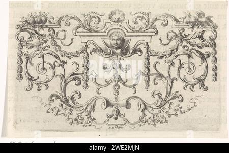 Ornement avec un mascaron, guirlandes, feuilles de vignes et coquille, Bernard Picart (atelier de), 1683 - 1733 imprimer Amsterdam gravure sur papier / gravure / impression typographique feuillage, vrilles, branches  ornement. ornement  feston, guirlande. masque, mascaron  ornement. coquille saint-jacques, coquille  ornement Banque D'Images