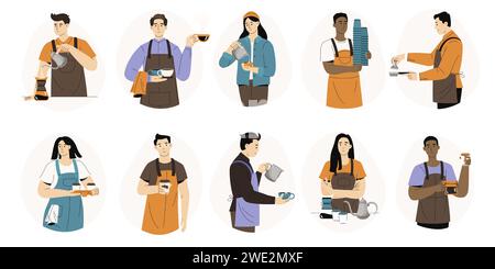 Personnage de barista. Ouvrier de café de dessin animé préparant le café et l'expresso, barista faisant le cappuccino et le latte. Ensemble isolé d'employé de café Vector Illustration de Vecteur