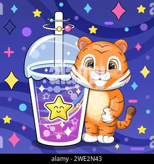 Un tigre de dessin animé mignon tient une grande boisson. Illustration vectorielle de nuit d'un animal sur un fond bleu foncé avec des étoiles. Illustration de Vecteur