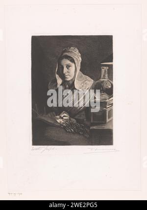 Dentelle -Klossende Vrouw, Frans Lauwers, d'après Walter Sanford, 1885 papier imprimé. gravure / fabrication de lacets à pointe sèche Banque D'Images