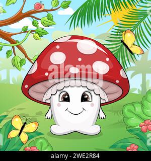 Mignon champignon rouge de dessin animé dans la forêt. Illustration vectorielle avec des arbres, des fleurs, des plantes et des papillons sur un fond vert. Illustration de Vecteur