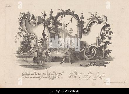 Cartouches avec des figures à la table, Johann Esaias Nilson, 1731 - 1788 impression entre deux cartouches rocaille dans un jardin sont des hommes et des femmes à une table avec de la nourriture et des boissons. A leur gauche une fontaine avec trident et un dauphin. Dans la marge inférieure deux colonnes avec deux lignes de texte allemand. Numéro de publication VIII Repas de gravure / gravure sur papier d'Augsburg (famille). ornement  cartouche. fontaine de jardin Banque D'Images