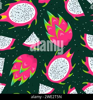 Pitahaya. Motif sans couture d'été fruit de dragon. Nourriture saine, végétaliens. Veganuary. Cactus. Fruits exotiques tropicaux, feuilles. Nourriture saine. Pour le menu, café Illustration de Vecteur