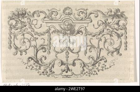 Ornement avec un mascaron, guirlandes, feuilles de vignes et coquille, Bernard Picart (atelier de), 1683 - 1733 imprimer Amsterdam gravure sur papier / gravure / impression typographique feuillage, vrilles, branches  ornement. ornement  feston, guirlande. masque, mascaron  ornement. coquille saint-jacques, coquille  ornement Banque D'Images