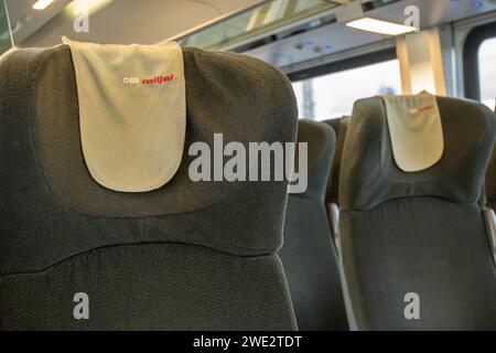 VIENNE, AUTRICHE - 21 novembre 2023 : Voyage à bord d'un ÖBB Railjet en direction de l'aéroport international de Vienne Banque D'Images