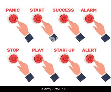 Mains appuyant sur des boutons étiquetés différentes émotions. Évoquez des expressions. Panique et stress. Démarrage réussi. Clic du doigt. Jouer et arrêter. Mouvements du bras Illustration de Vecteur