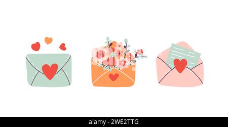 Ensemble de vecteurs d'enveloppe de Saint-Valentin. Modifiez les lettres, félicitations, offre, communication et message. Style plat. Illustration vectorielle de dessin animé Illustration de Vecteur