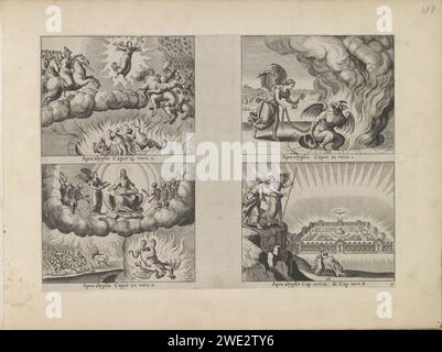 Lutte entre l'armée céleste et terrestre / ange ketent satan / jugement final et le diable jeté dans la piscine de feu / ange montre Jean la nouvelle Jérusalem, 1643 imprimer quatre représentations numérotées. En haut à gauche : un ange est au milieu du soleil et appelle les oiseaux. L'armée céleste, dirigée par un cavalier avec une mitre papale et une épée dans sa bouche, se bat contre l'armée terrestre. La bête périt dans un tas de feu. Sous la performance une référence au texte de la Bible. 19:11. En haut à droite : un ange avec la clé de la profondeur souterraine cétent le dragon ou Satan (pendant mille ans Banque D'Images