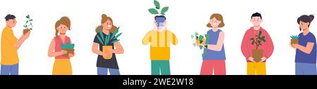 Les gens avec des pots de plantes. Jeunes adultes et adolescents tenant des plantes vertes. Étudiants en biologie ou jardiniers, passe-temps de verdure splendides personnages vectoriels Illustration de Vecteur