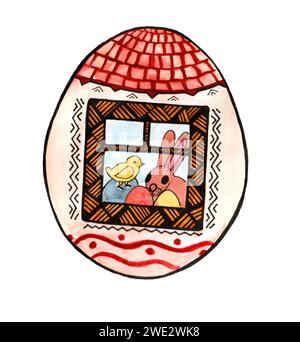 Oeuf de Pâques. Isolé sur fond blanc. Il y a une illustration sur l'œuf. Une maison avec un toit et une fenêtre. Dans la petite fenêtre, vous pouvez voir le lapin de Pâques et le poussin parmi les œufs de Pâques. Banque D'Images