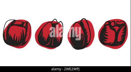 Ensemble de fleurs de tulipe dans le style griffé, design linéaire plat simple noir et blanc sur une île rouge. Bulbeux Illustration de Vecteur