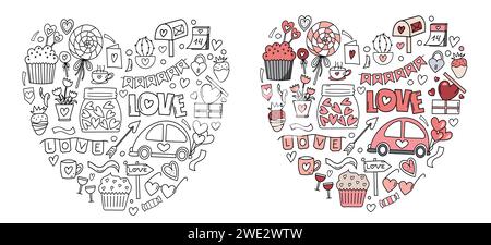 Doodle dessiné à la main dans la forme vectorielle en forme de coeur, est Une page de coloriage de soulagement de stress pour la Saint-Valentin, avec des coeurs, des bonbons et des bonbons pour le 14 février dans Un livre de coloriage mignon Illustration de Vecteur