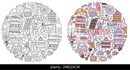Doodles dessinés à la main sur le thème des bonbons, y compris Un ensemble de photos avec des gâteaux, des bonbons et d'autres friandises pour la coloration soulageant le stress Illustration de Vecteur