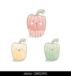Mignon drôle drôle de dessin animé de légumes de poivron kawaii style, mascottes de légumes de poivron sur fond blanc illustration vectorielle Illustration de Vecteur