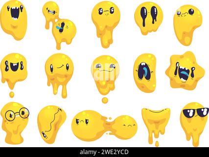 Des smileys fondants. Visage souriant goutte à goutte, tête souriante bizarre fondre visage emoji rétro art drôle, rire smiley visages souriants psychédéliques, impression amusante trippy acide illustration vectorielle classe d'impression smiley Illustration de Vecteur