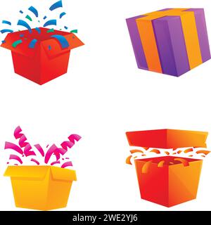 Icônes de boîte surprise définir vecteur de dessin animé. Ouvrez la boîte cadeau avec des confettis. Concept de célébration Illustration de Vecteur