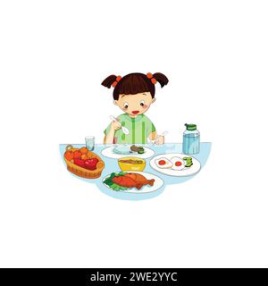 Jolie fille heureuse de dessin animé mangeant des fruits sains et de la nourriture végétale. Les enfants aiment manger de délicieux repas pour le petit déjeuner ou le déjeuner. Petite fille mangeant de la nourriture Illustration de Vecteur