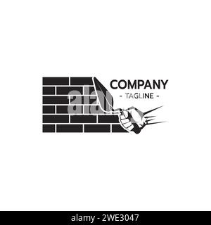 Logo Bricklayer avec main tenant Trowel Construction Building Concrete Cement concept sur fond blanc illustration vectorielle Illustration de Vecteur