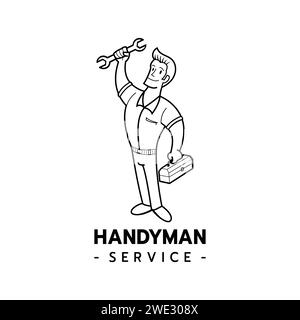 Mechanical Man logo, Handyman pour le service, réparateur ou entretien Mascot concept Cartoon Character Design isolé sur fond blanc Vector Illustra Illustration de Vecteur