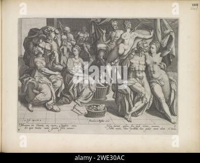 Pouvoir des femmes, 1643 imprimer les femmes comme gouvernantes du monde. Scène allégorique avec des femmes qui ont le pouvoir sur les hommes. Une femme séduit le roi et prend sa couronne et son sceptre. Une autre femme se voit offrir des cadeaux coûteux d'un soldat. En bas à gauche une référence au texte de 3 Esdras 3-4. Sous le spectacle des versets en latin. Ce tirage fait partie d'un album. Amsterdam gravure sur papier les livres d'Esdras, Néhémie et Esdras. Zerubbabel, le troisième gardien, dit (écrit) que les femmes sont les plus fortes  concours des trois gardiens Banque D'Images