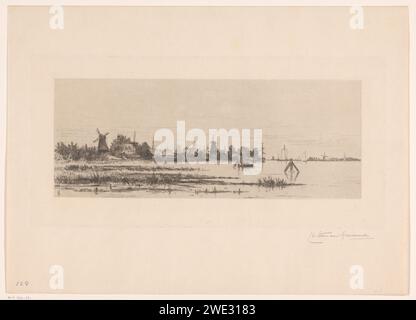 Vue de Dordrecht, Carel Nicolaas Storm van 's -Gravesande, 1851 - 1924 imprimer vue de Dordrecht avec de l'eau au premier plan. Sur la rive un chantier naval et trois moulins. Pays-Bas papier gravure / point sec perspective de la ville, panorama de la ville, silhouette de la ville. moulin à vent dans le paysage Dordrecht Banque D'Images