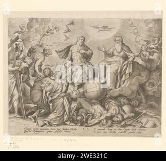 Dernier jugement, Hieronymus Wierix, d'après Ambrosius Francken (I), 1563 - 1584 print allégorie de la mort, symbolisée par le jugement dernier. L’homme (gay), entouré des vertus divines (Charitas, Fides et Spes) et de la grâce divine (Gratia), s’agenouille dans l’adoration de la Trinité. Au premier plan, les morts sont sur le bord de la porte de l'enfer. Dans la marge, une légende de quatre lignes, en deux colonnes, en latin. Anvers gravure sur papier jugement dernier. La Sainte Trinité, 'Trinitas coelestiss' ; Père, fils et Saint-Esprit  religion chrétienne. Les trois vertus théologiques. entrée de l'enfer comme bouche monstrueuse (de Lev Banque D'Images