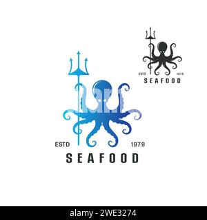 Belle icône de logo Octopus Holding trident Seafood concept, image stylisée du modèle de logo isolé Octopus, silhouette de tatouage Octopus sur bac blanc Illustration de Vecteur