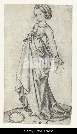 La deuxième Vierge insensée, Martin Schongauer, c. 1470 - 1491 imprime une des cinq vierges insensées de la parabole biblique, une lampe à huile à son tour en main, avec l'autre main un pli de sa jupe. Cette estampe fait partie d'une série de dix estampes, cinq avec des vierges sages et cinq avec des vierges folles. Allemagne gravure sur papier représentation de vierge(s) folle(s) Banque D'Images