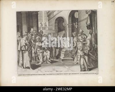 Penning de la veuve, 1643 estampe dans le temple est sur la gauche au premier plan Christ, qui pointe deux de ses étudiants à une pauvre veuve voilée. Des gens richement habillés marchent sur le sacrificialiste pour y jeter beaucoup d'argent. La veuve n'a jeté que deux pièces, mais selon le Christ, c'est plus que les riches, parce qu'elle lui a donné la pauvreté. Sous la performance une référence en latin au texte de la Bible en mars 12:41. Ce tirage fait partie d'un album. Amsterdam gravure sur papier de l'acarien de la veuve : Christ attire l'attention des disciples sur une femme qui met quelques pièces dans les chasses d'argent du temple Banque D'Images