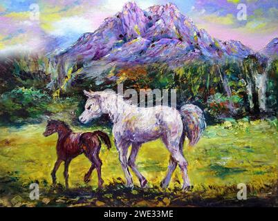 peints à la main originaux impressionnisme chefs-d'œuvre peintre art peinture à l'huile cheval et poney dans le zoo Banque D'Images