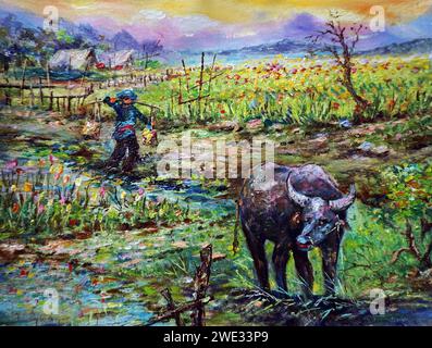 peint à la main original impressionnisme chefs-d'œuvre peintre art contemporain peinture à l'huile campagne thaïlande paysage campagne Banque D'Images