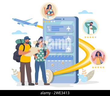 Personnes voyageur réservation, commande et achat de billet d'avion par application mobile Illustration de Vecteur