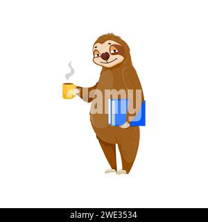 Personnage drôle de paresseux de dessin animé avec tasse de café et livre, animal mignon, vecteur isolé. Paresseux lent et endormi paresseux ou ours de la jungle tropicale avec une tasse à café et des livres, somnolent souriant sur Relax Illustration de Vecteur
