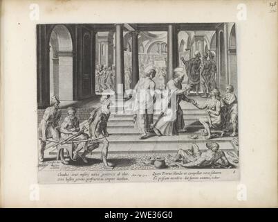 Petrus guérit une impression paralysée de 1643 au Tempelpoort, un mendiant Peter et Johannes demande une aumône. Pierre n'a pas d'argent, mais le guérit au nom de Christ et aide l'homme à se lever. En arrière-plan à droite, ils entrent tous dans le temple. Sous le spectacle une référence en latin au texte de la Bible en main. 3 : 1. Ce tirage fait partie d'un album. Amsterdam gravure sur papier guérison d'un mendiant boiteux à la belle porte du temple par Pierre et Jean (actes 3 - 4:31) Banque D'Images