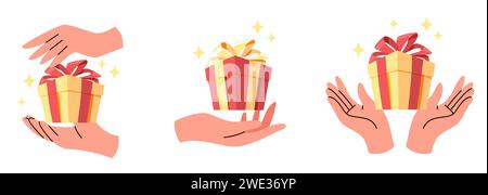 Ensemble de mains qui tiennent les boîtes-cadeaux. récipients enveloppés avec des rubans. Symbole achats et achats de vacances. Offrez et prenez des cadeaux. Surprise d'anniversaire Illustration de Vecteur