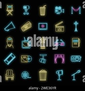 Jeu d'icônes de réalisateur de scène de studio. Contour ensemble d'icônes vectorielles de réalisateur de scène de studio couleur néon sur noir Illustration de Vecteur