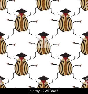 Le coléoptère de la pomme de terre du Colorado habillé comme un bandit de l'ouest sauvage. Motif sans couture sur un fond blanc. Vecteur. Illustration de Vecteur
